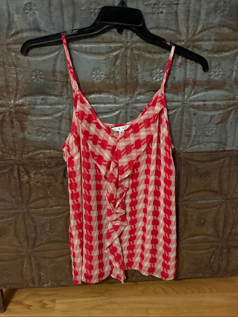CAbi Pink Red Check Ruffle Cami Top